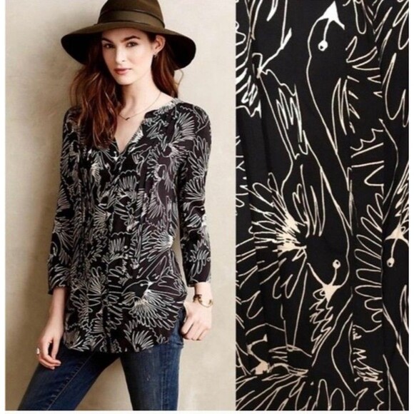 Maeve Tops - Maeve Black Rayon Bird Print Button Up Shirt Sz 12 Boho Novelty Bohemian